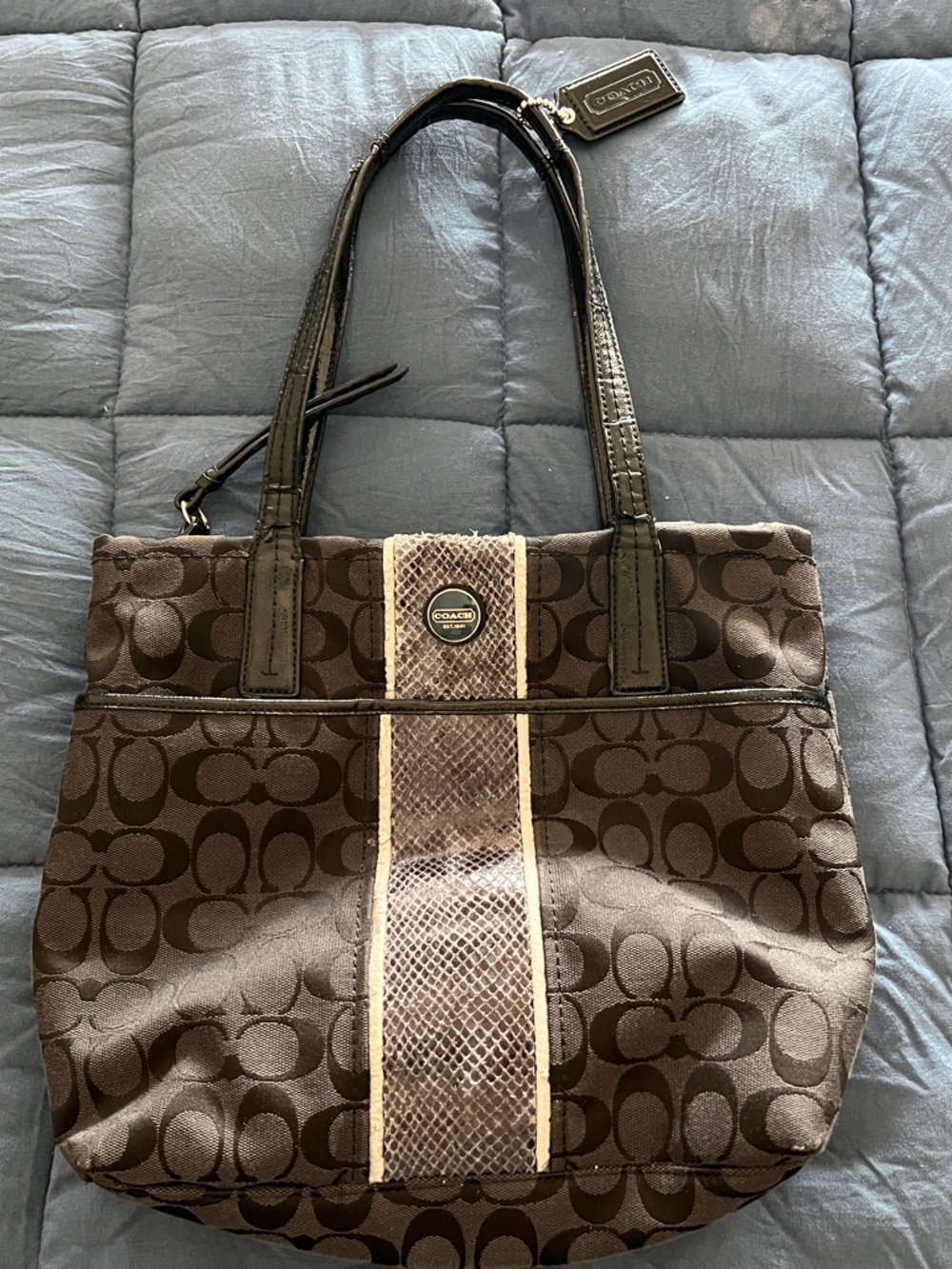 Coach Brown Signature Canvas Shoulder Bag with Tan Accent Stripe